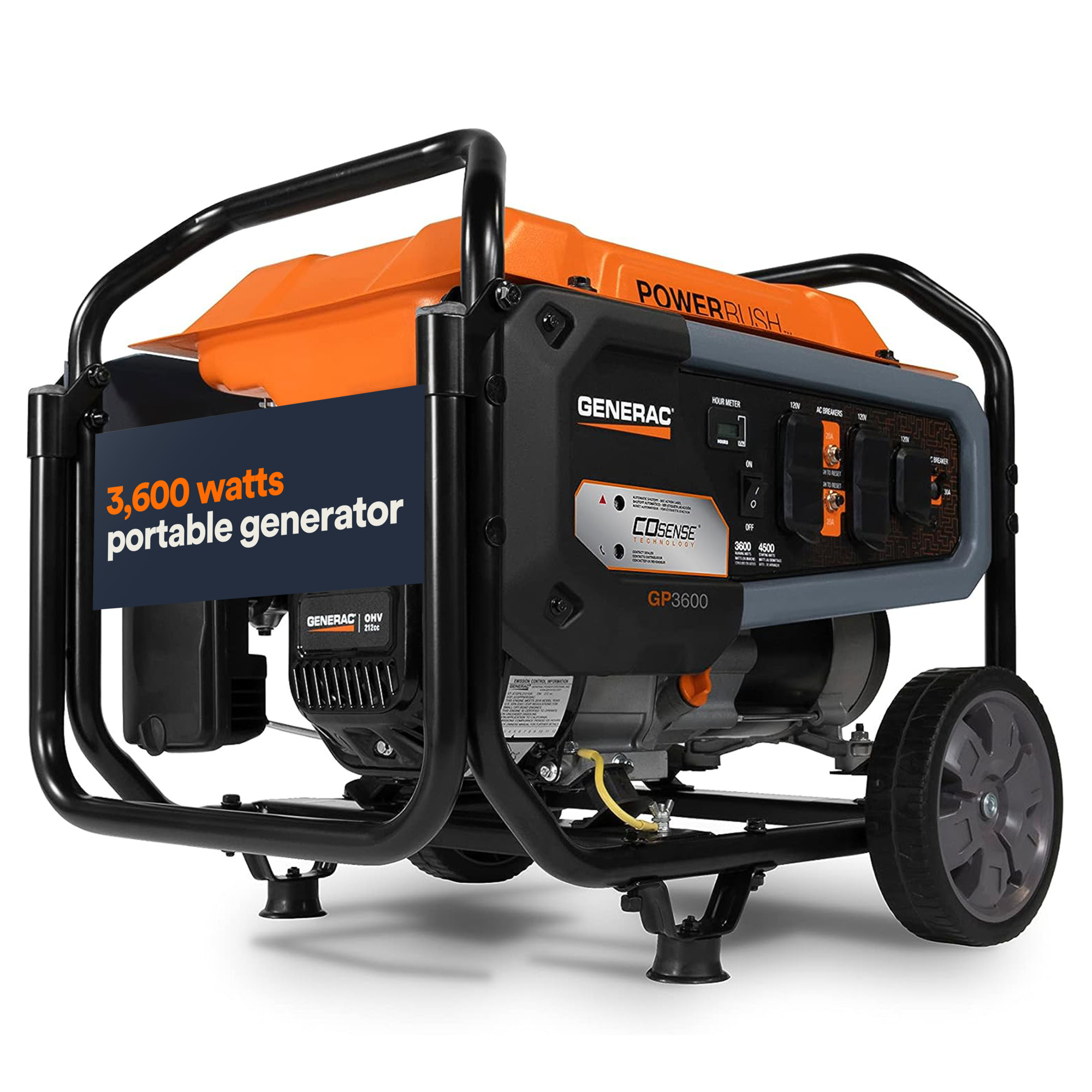 Generac 7721 GP3600 4500 / 3600 Watt Gas Powered Portable Generator w/ COSense, Recoil Start, Wheel and Handle Kit Included, 49ST